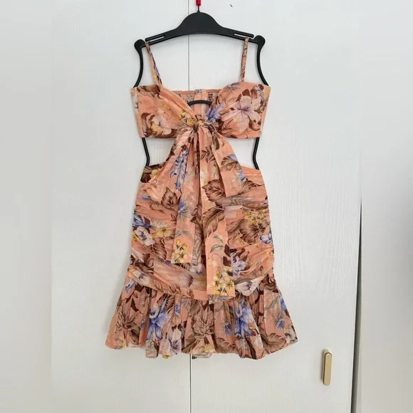 Zimmermann Coco Floral Print Bow Detail Mini Dress Peach Multi Various Size - Picture 5 of 16